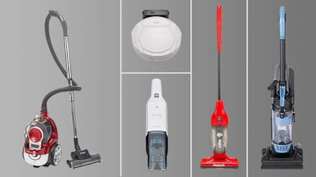 Atrix Vortex VR25BCV canister vacuum, Lefant M210 robotic vacuum, Dirt Devil Vibe SD20020 stick vacuum, Mainstays (Walmart) Bagless Upright Vacuum Cleaner, and Black+Decker Dustbuster HLVC315B10 handheld vacuum on grey background with white lines separating them